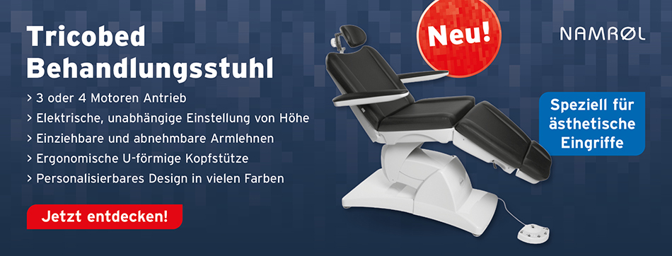 Tricobed Behandlungsstuhl; Namrol; 3 oder 4 Motoren Antrieb; elektrische, unabhängige Einstellung von Hoehe; einziehbare und abnehmbare Armlehnen; ergonomische und u-foermige Kopfstuetze; personalisierbares Design in vielen Farben; speziell für aesthetische Eingriffe